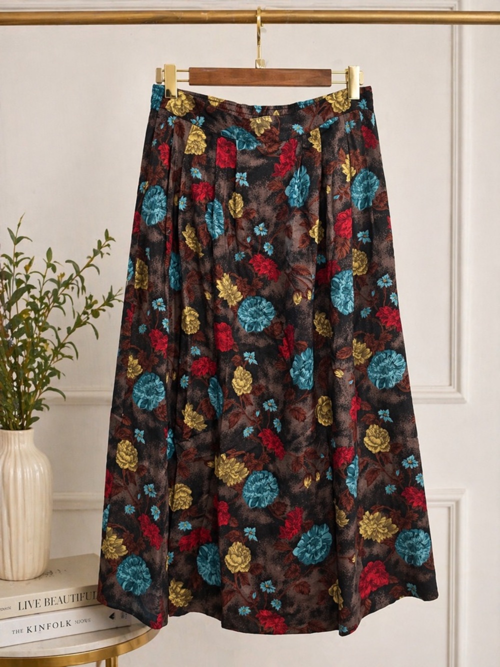 Sag Harbor Black A-Line Midi Skirt with Teal, Red & Gold Floral Print